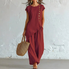 Women 2 Piece Set Elastic Waist Pocket Button Decorate Wide Leg