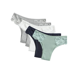 5Pcs/Set Women Cotton Panties Floral Lace Side Panel Low Rise Rib Briefs Low Cut Underwear Comfort Sexy Lingerie Daily Bikini