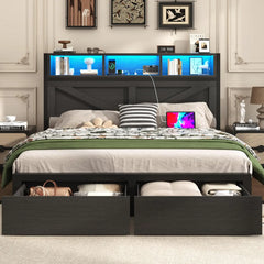 Farmhouse Queen Bed Frame & Bookcase Headboard,Charging Station & LED Light,2 Storage Drawers,Platform,Bedroom,Queen, Custom