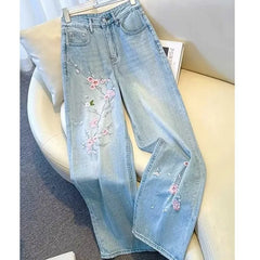 New Pink Flower Embroidered Jeans Women Spring  Autumn High Waist Fashion Slim Wide-Leg Pants Embroidered Straight Pant