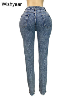 Fashion Skinny Stretch Jeans for Women Luxury Diamonds Hole Pencil Pants High Waist Washed Streetwear Y2k Streetwear Trousers