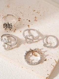 Heart Butterfly Ring Set Crown Heart-Shaped Designs Stackable Vintage Jewelry for Women, Boho Punk Fashion Accessory