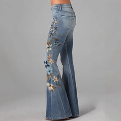 Womens Casual 3D Printed Denim Flared Pants Slim Fit Bell Bottom Jeans Fashion Daily Wear Trousers