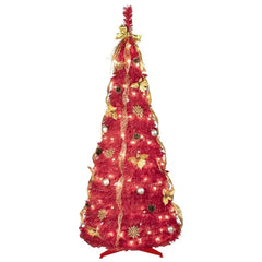 6FT Prelit Full Pop Up Christmas Tree with 150 Warm LED Lights, Gold and Red Ribbon, Bows, Balls Ornaments Easy Assemble Collapsible Xmas Trees Holiday Party Decor