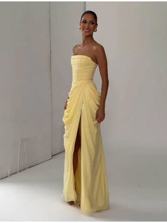 Solid Pleated Strapless Women's Dress Backless Off-shoulder High Waist Split Female Dresses 2026 Sexy Summer Evening Party Gown