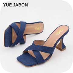 Blue Women's Shoes Fashion Summer Women's Slippers Square Toe Solid