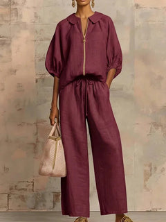 Women's Casual Solid Color Cozy Pant Set Chic Laple Zipper Short Sleeve Shirt Elasticity Waist Pant Suit Women New Two Piece Set