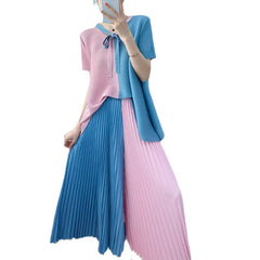 Blouse Pants Suit Women Summer Youthful Pleated Tie-Front Delicate