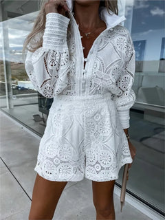 Vintage White Lace Shirt Shorts Sets Women Spring Summer Long Sleeve Button Top Shorts 2 Piece Set Elegant Party Outfits Femme