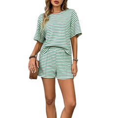 Summer Women's Suit Shorts Cotton Crop Top Short Pants High Waist Pleated Front Green White Striped Casual Shorts