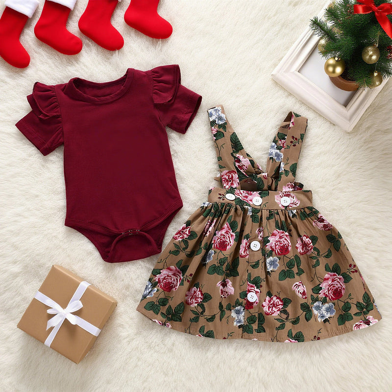 3PCS Newborn Baby Girl Christmas Clothes Set Short Sleeve Romper+Suspender Skirt+Headband Clothing Set for Toddler 0-18 Months