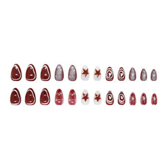 24pcs Red Star Print Fake Nails Sweet Cool Short Almond Press on Nail for Women Wearable Detachable Ins Spice Girl False Nails
