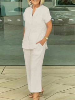 New Summer Women's Short-sleeve Tops Pants Casual Two-piece Suit Fashion Elegant Office Solid Holiday 2-piece Set Women Clothes