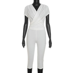 Stylish Lady Cross V Neck Ruched Short Sleeve Two Piece Set High Waist Capri Pants 2026 Women Solid Bodycon Casual Tracksuit