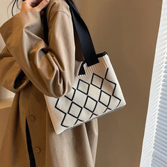 Rhombus Line Knitted Hand Bag Female All-Match Snap Button Portable Tote Bag Large Capacity Student Fine Needle Wallet Autumn