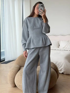 BJTZ Spring Autumn Women Solid Crew Neck Long Sleeve Top Wide Leg