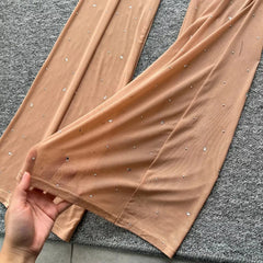Fashion See Through Mesh Rhinestone Chic Long Sleeve Slim Short Top High Waist Wide Leg Pants Evening High Street Two-piece Sets