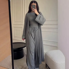 Pant Set Women Three Piece Sets Round Neck Short Sleeve Shirt Straight Pants Lace Up Long Robe Y2k Streetwear Work Casual 2026