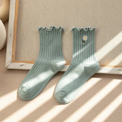 New Style Crew Socks for Women Spring Fashion Cute Flower Long Cotton Socks Japanese Style Breathable Casual Trendy Absorb Sweat