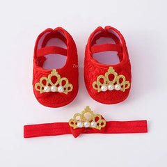 Spring Infant Baby Girl Shoes Newborn Lace Flowers Headband Anti-Slip Soft Sole First Walkers Toddler Kids Cotton Baptism Shoes