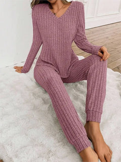 Casual V-Neck Knitted Pit Strip T-Shirt Long-Sleeved Womes Suit Autumn