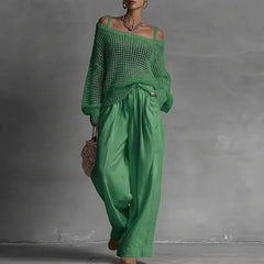 Off Shoulder Hollow Knit Womens 2 Piece Set Long Sleeve High Waist Wide Leg Pants Outfit Casual Loose Summer Beach Vacation Suit