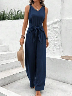 Fashion Solid Jumpsuit For Women Casual Sleeveless V Neck Lace-Up Wide Leg Pants Jumpsuits Lady Summer Holiday Womens Clothing
