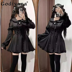 Large Size Spring Autumn Sweet Black Sailor Collar Long Sleeve Japanese Dress Shorts High Waist A-line Bow Age Reduction Sets