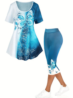 Plus Size Matching Sets Summer Female Large Size Blue Butterfly Print Color T-Shirt Short Sleeve Print Pants Casual Two-Piece Se