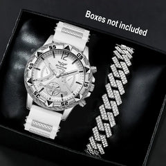 Business 2PCS Men's Fashion casual Luxury Silicone Band Diamond Quartz Bracelet Wrist Watch set（Box Not Included ）