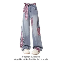 Retro Black Bow Tie Strap Patchwork Jeans Checkered Sweet Women Trouse High Waisted Loose Wide Leg Casual Y2K Denim Pants