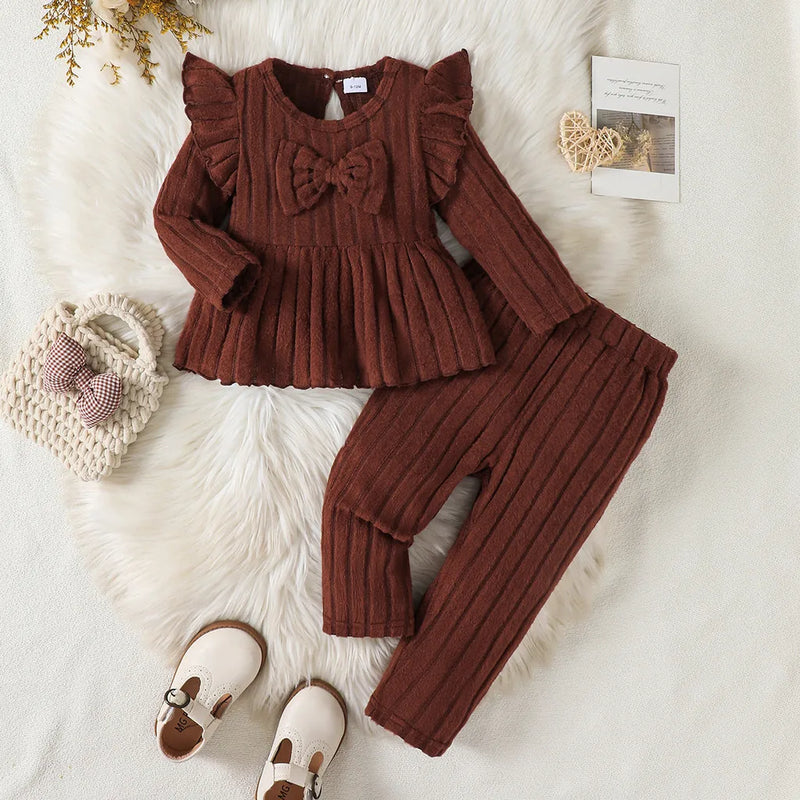 2Pcs Baby Girl Clothes Outfit 2-3 Years Infant Ruffle Long Sleeve Bow Peplum Top + Striped Pants Set Autumn Newborn Baby Apparel