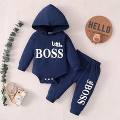 2025 Spring Autumn Infant Toddler Letters Print Hooded Solid Color Two-piece Suit 0-24M Baby Boys Bodysuits+Long Pants Set