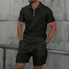 Men's Summer Waffle Short-Sleeve Suit Shorts Zip-Up Lapel Solid Color Two Sets Europe And US Style 2026