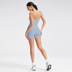 Women Square Neck Thin Strap Padded Sports Top High Waist Butt Lift Yoga Biker Shorts 2Pcs Soft Stretch Workout Matching Set