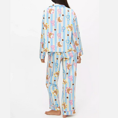 Hirigin Women's 2 Piece Lounge Set Fashion Long Sleeve Pattern Print Shirt Wide Leg Pants Sleepwear Sets for Winter Fall