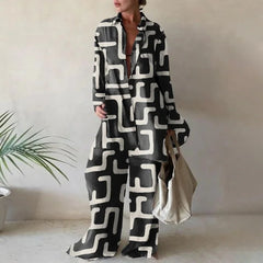 Spring Autumn Fashion Sets Women Long Sleeve Lapel Printed Casual Elegant Beach Loose Wide Legs Trousers Ladies Two Piece Suits