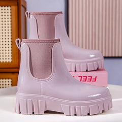 PVC Fashion Rain Boots Shoes For Women Solid Anti-slip Wear-resistant Thick Soled Shoes Low Cut High Top Round Toe Waterproof Water Shoes