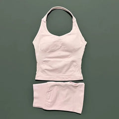 2 Pieces Shorts Yoga Set Women Backless Halter Tops High Waist Seamless Shorts Gym Suit Fitness Sportswear Workout Sets