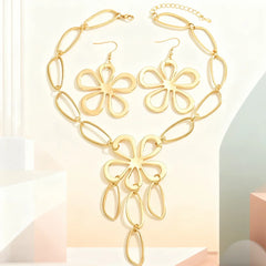 Fashion Metal Geometric Hollow Five Flower Oval Necklace Earrings Set Three-dimensional Large Flower Long Necklace Earrings
