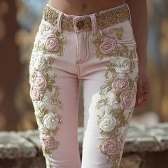 Spring Autumn New Women's High Waist Rose Embroidery Beaded Denim Pants Versatile Comfortable Casual Trendy Commuting Daily Wear