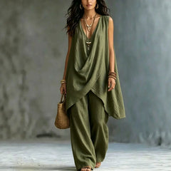 Summer Linen Cotton Sleeveless Stand Collar Set Women Casual Loose Fit