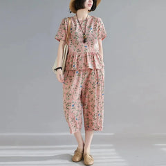 5XL Middle Aged Female Pants Suit Cotton Two Piece Set Women Summer