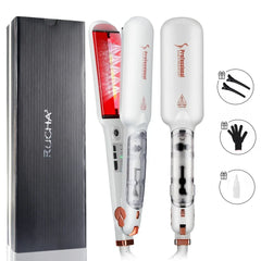 RUCHA Infrared Steam Hair Straightener 2 Inches Wide Plate Hair Salon Steampod Ironing Styler Ceramic Tourmaline Flat Iron