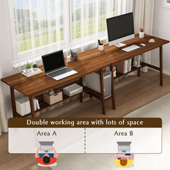 Two Person Desk Walnut 79 Inch Extended Workstation Shelves