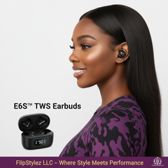 E6S™ TWS Bluetooth 5.0 Wireless Earbuds – Noise Cancelling, IPX5 Waterproof, LED Display, Mic, Black, White & Pink | FlipStylez LLC®