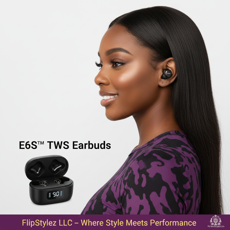 E6S™ TWS Bluetooth 5.0 Wireless Earbuds – Noise Cancelling, IPX5 Waterproof, LED Display, Mic, Black, White & Pink | FlipStylez LLC®