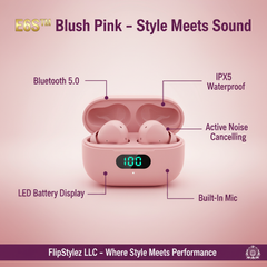 E6S™ TWS Bluetooth 5.0 Wireless Earbuds – Noise Cancelling, IPX5 Waterproof, LED Display, Mic, Black, White & Pink | FlipStylez LLC®