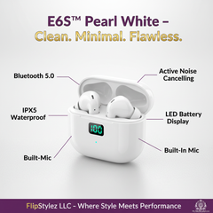 E6S™ TWS Bluetooth 5.0 Wireless Earbuds – Noise Cancelling, IPX5 Waterproof, LED Display, Mic, Black, White & Pink | FlipStylez LLC®