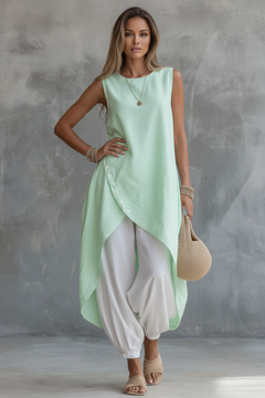 Casual Women Summer 2PCS Matching Set O-Neck Irregular Long Shirt
